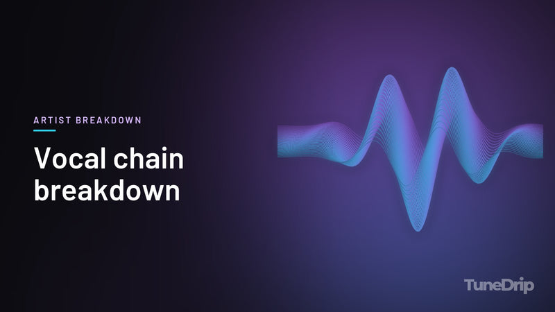 Vocal chain breakdown: TuneDrip cover with glowing violet-to-cyan waveform lines on a dark background