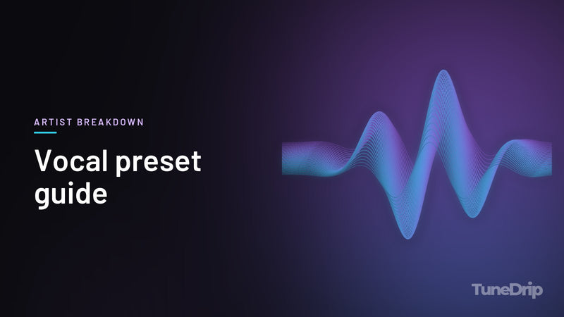Vocal preset guide: TuneDrip cover with glowing violet-to-cyan waveform lines on a dark background
