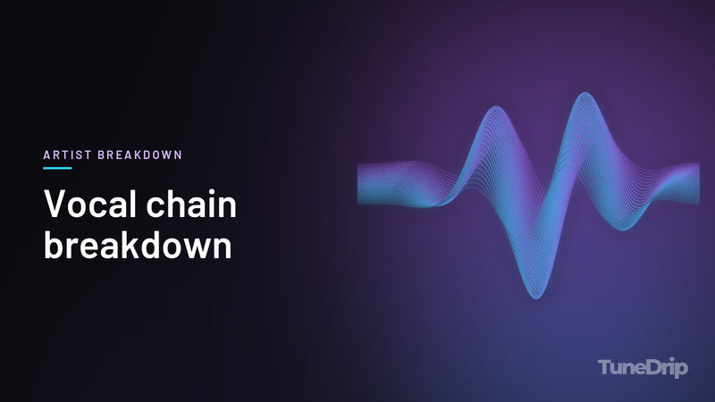 Vocal chain breakdown: TuneDrip cover with glowing violet-to-cyan waveform lines on a dark background