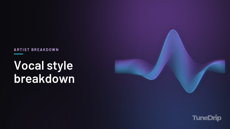Vocal style breakdown: TuneDrip cover with glowing violet-to-cyan waveform lines on a dark background