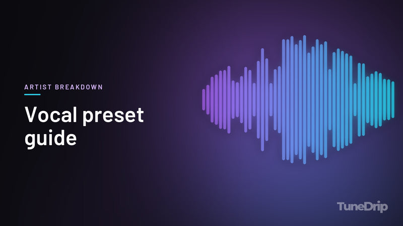 Vocal preset guide: TuneDrip cover with violet-to-cyan spectrum bars on a dark background