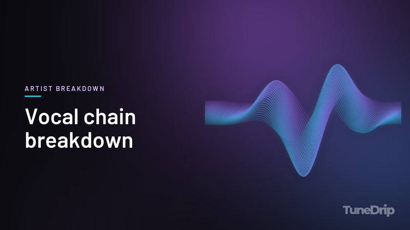 Vocal chain breakdown: TuneDrip cover with glowing violet-to-cyan waveform lines on a dark background