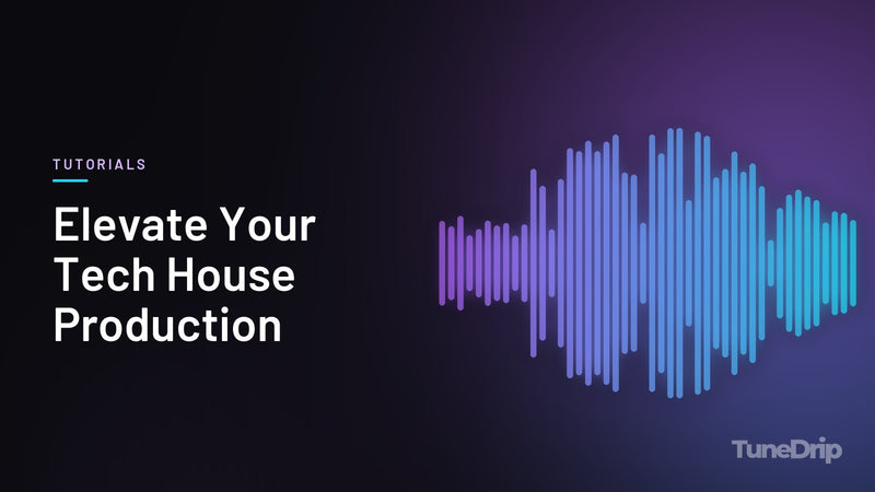 Elevate Your Tech House Production: TuneDrip cover with violet-to-cyan spectrum bars on a dark background