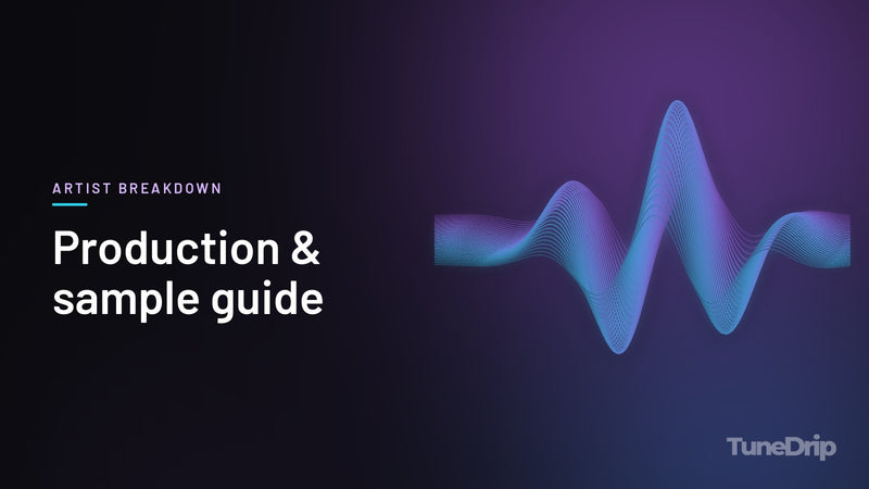 Production & sample guide: TuneDrip cover with glowing violet-to-cyan waveform lines on a dark background