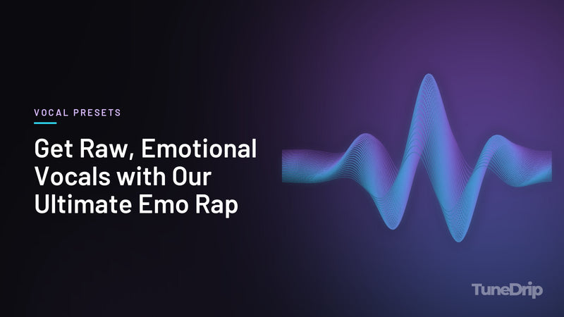 Get Raw, Emotional Vocals with Our Ultimate Emo Rap: TuneDrip cover with glowing violet-to-cyan waveform lines on a dark background