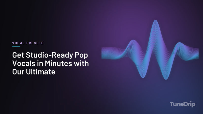 Get Studio-Ready Pop Vocals in Minutes with Our Ultimate: TuneDrip cover with glowing violet-to-cyan waveform lines on a dark background