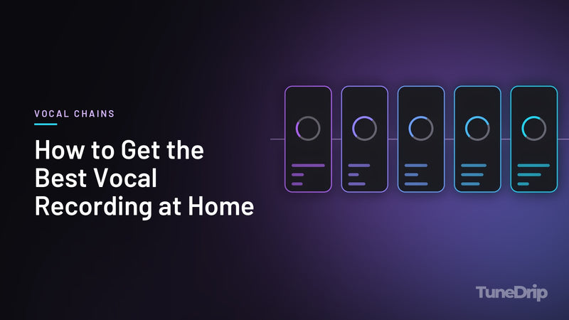 How to Get the Best Vocal Recording at Home: TuneDrip cover with a chain of five audio processor modules with lit knobs on a dark background