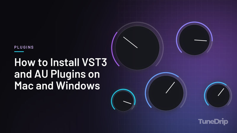 How to Install VST3 and AU Plugins on Mac and Windows: TuneDrip cover with stylised audio plugin knobs on a grid on a dark background