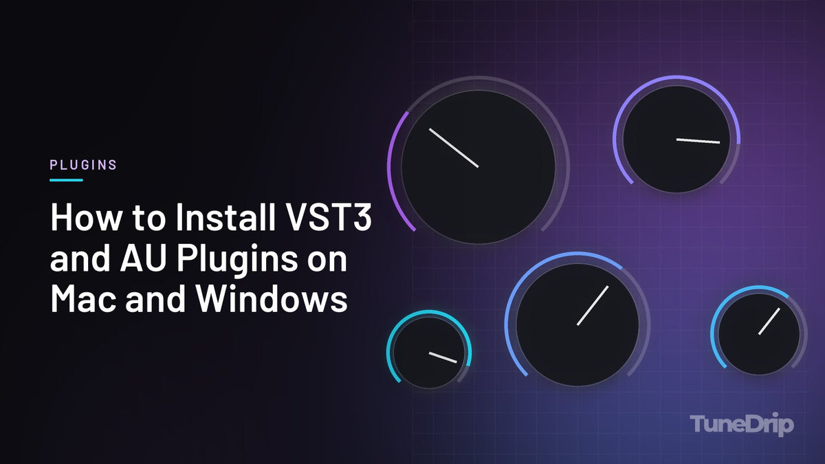 How to Install VST3 and AU Plugins on Mac and Windows: TuneDrip cover with stylised audio plugin knobs on a grid on a dark background