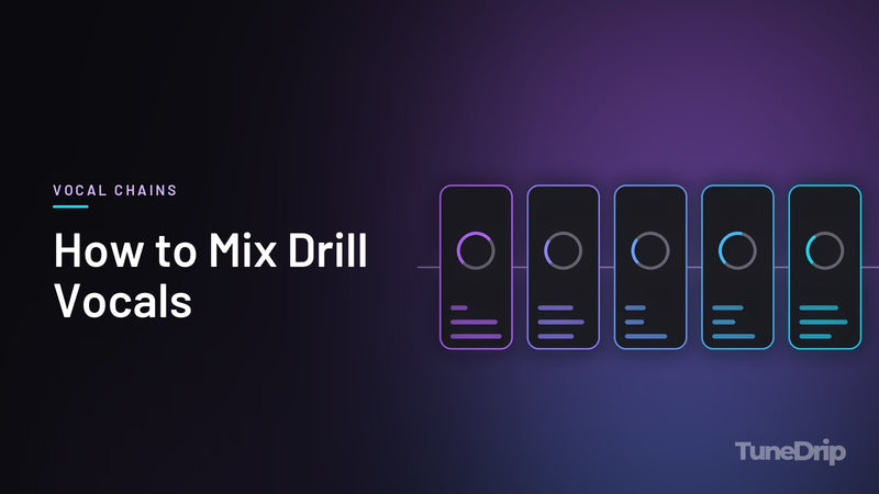 How to Mix Drill Vocals: TuneDrip cover with a chain of five audio processor modules with lit knobs on a dark background
