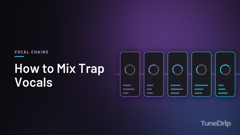 How to Mix Trap Vocals: TuneDrip cover with a chain of five audio processor modules with lit knobs on a dark background