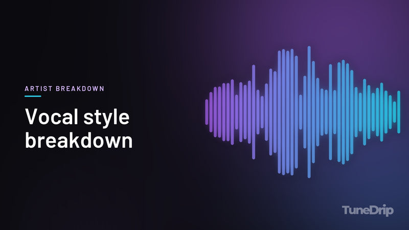 Vocal style breakdown: TuneDrip cover with violet-to-cyan spectrum bars on a dark background