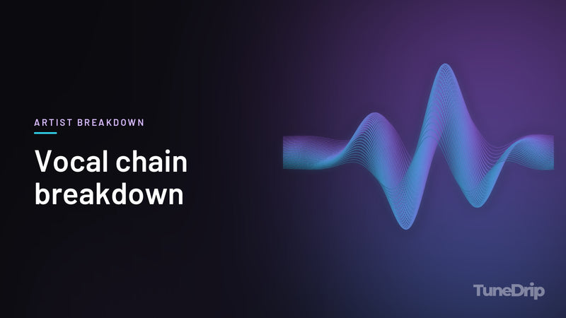Vocal chain breakdown: TuneDrip cover with glowing violet-to-cyan waveform lines on a dark background