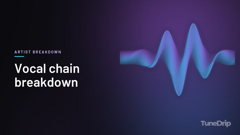 Vocal chain breakdown: TuneDrip cover with glowing violet-to-cyan waveform lines on a dark background