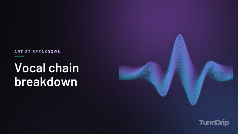 Vocal chain breakdown: TuneDrip cover with glowing violet-to-cyan waveform lines on a dark background