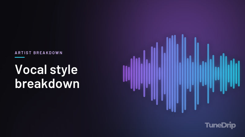 Vocal style breakdown: TuneDrip cover with violet-to-cyan spectrum bars on a dark background