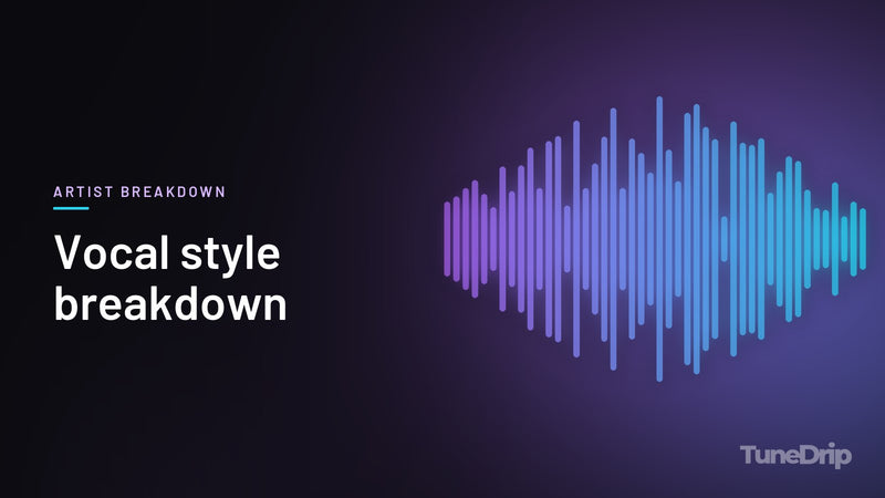 Vocal style breakdown: TuneDrip cover with violet-to-cyan spectrum bars on a dark background