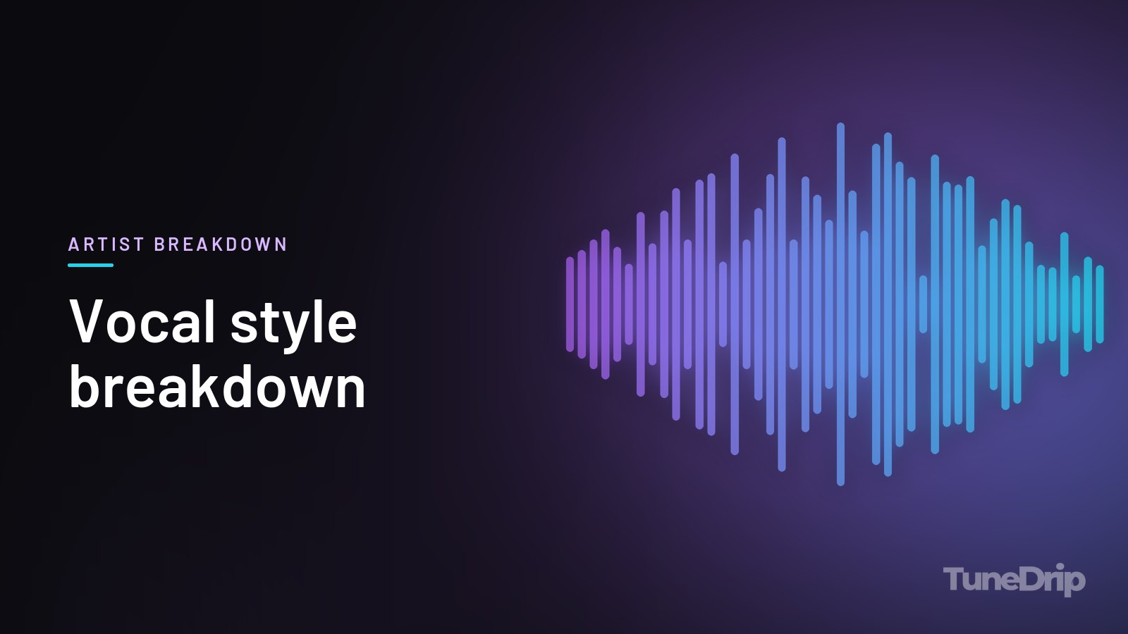 Vocal style breakdown: TuneDrip cover with violet-to-cyan spectrum bars on a dark background