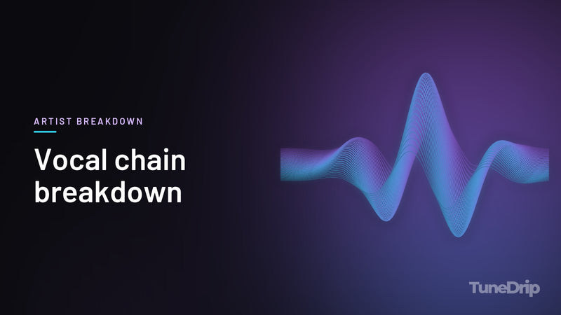 Vocal chain breakdown: TuneDrip cover with glowing violet-to-cyan waveform lines on a dark background