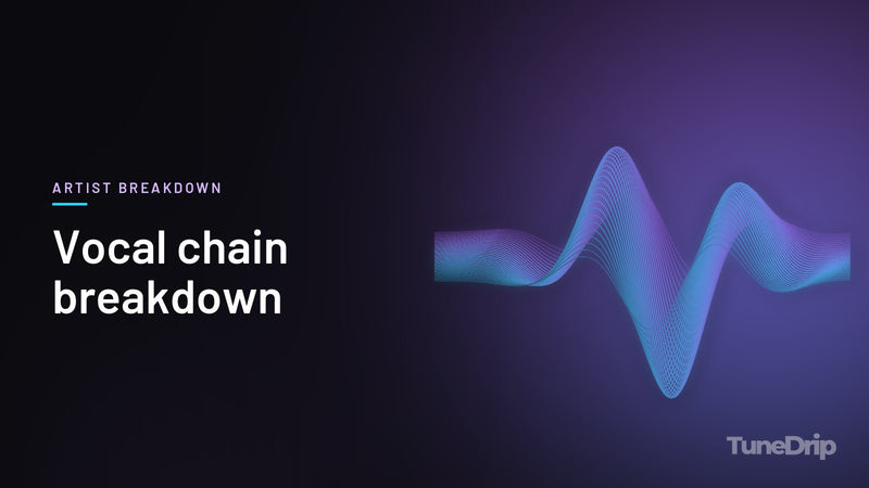 Vocal chain breakdown: TuneDrip cover with glowing violet-to-cyan waveform lines on a dark background