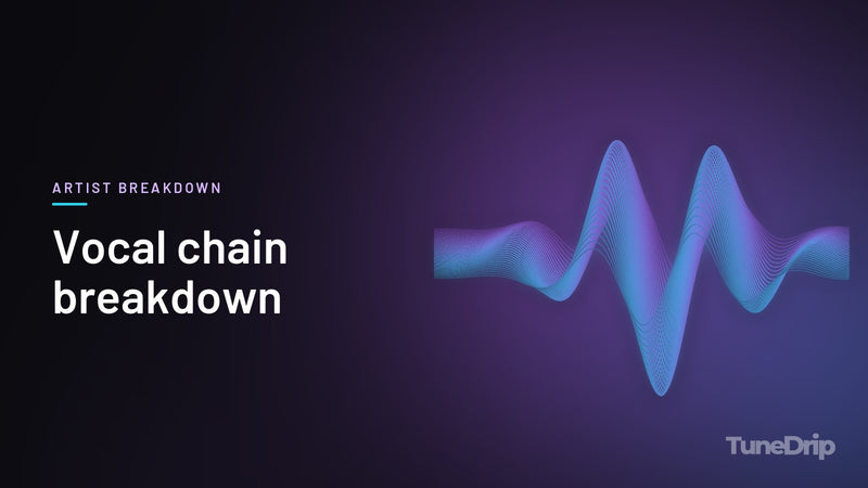 Vocal chain breakdown: TuneDrip cover with glowing violet-to-cyan waveform lines on a dark background