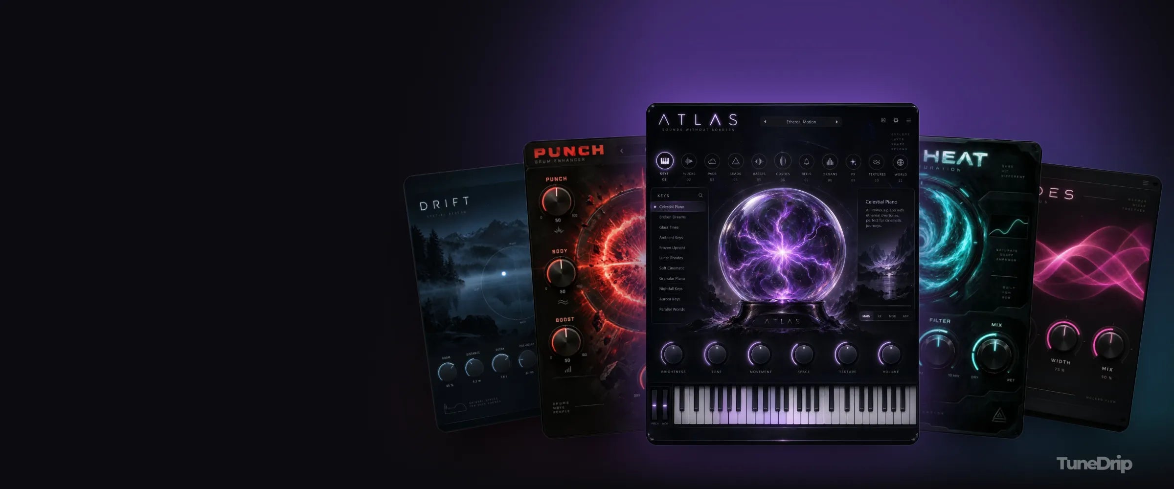 TuneDrip plugin interfaces: Drift, Punch, Atlas, Sub Heat and Echoes